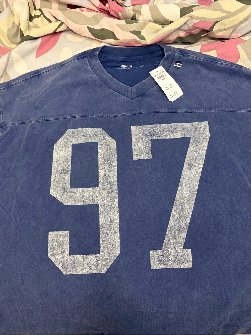 Hollister Men’s Navy V‑Neck Tee with Faded White '97 Graphic